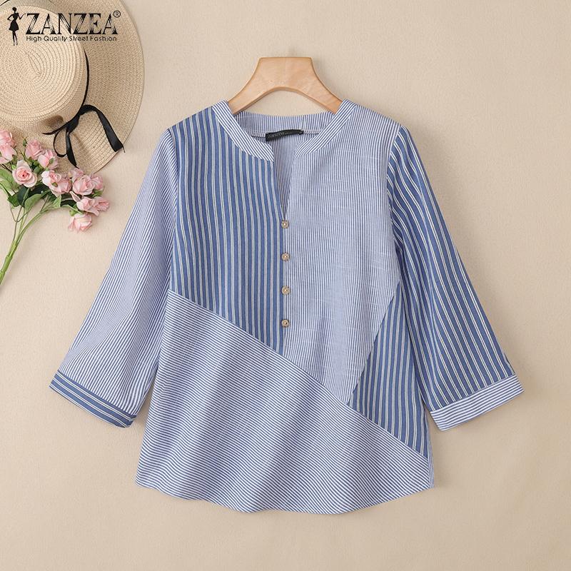 ZANZEA Women Casual V-Neck 3/4 Sleeve Loose Stripe Blouse