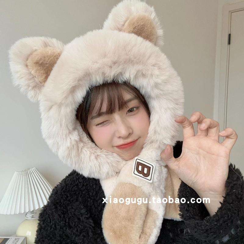 Cute letters bear ears hat scarf integrated female winter student warm fleece thickened two-piece set