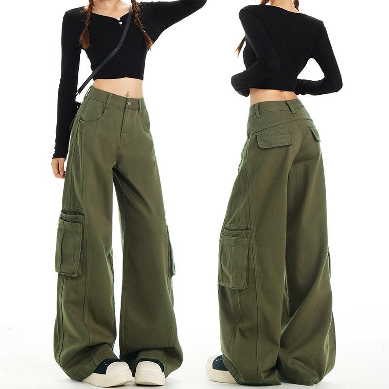Women's Army Green Loose Cargo Jeans - Spring Style, Slim Fit, Wide Leg, Large Pockets