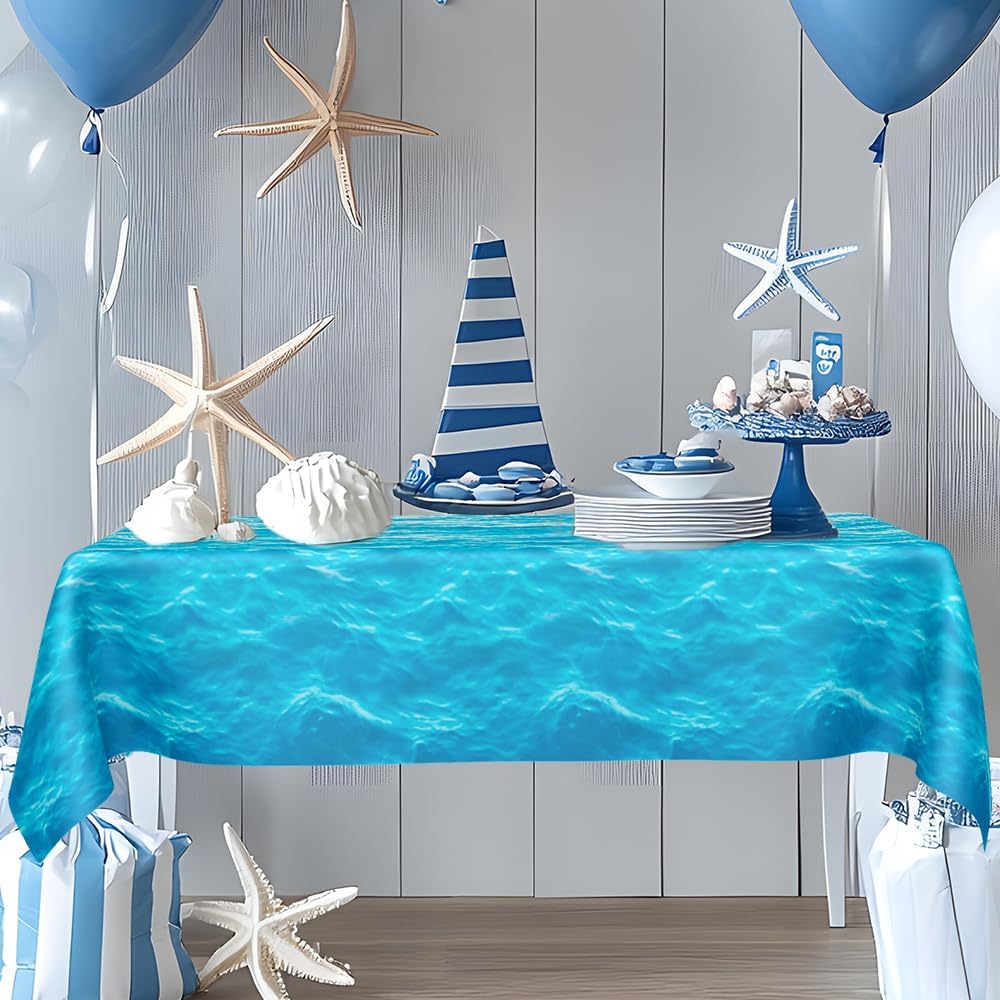 Ocean Waves Tablecloth, 2 Pieces Plastic Ocean Table Cloth Disposable Water Print Table Cover Blue Sea Rectangle Tablecloths for Beach Pool Birthday