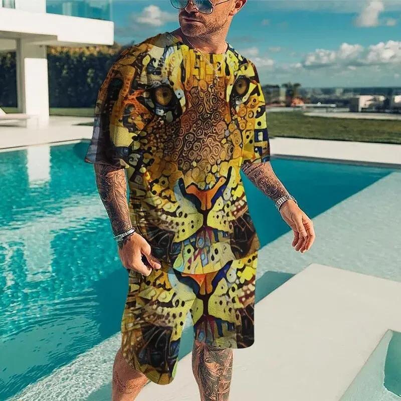 Men Cool Lion Tiger T-shirt Set 3D Animal  Print Casual Style T-shirt Shorts Set Summer New Fashion Street Clothing High-quality