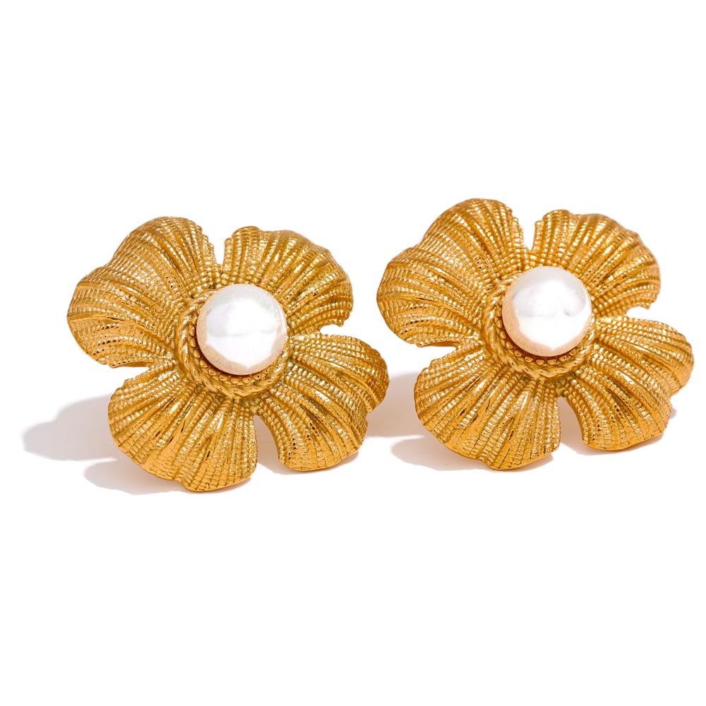 

Yhpup Exquisite Stainless Steel Flower Plant Pearl Stud Earrings for Women Texture Anti Allergic High Quality Jewelry Gift