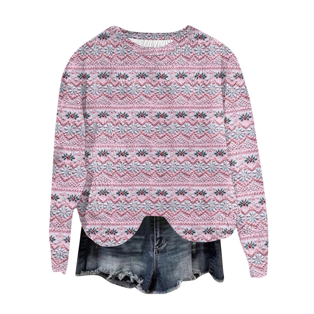 Women's Fashion Round Neck Pullover Top Long Sleeve Tee Christmas Printed Sweatshirt