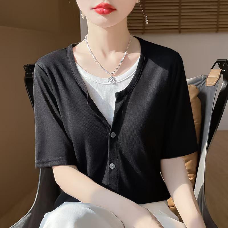 

Летний трикотажный кардиган с коротким рукавом и цветными блоками - Женский универсальный топ с круглым вырезом M