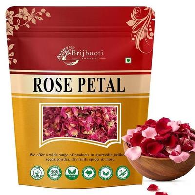 Brijbooti Rosenblüten getrocknet 100 Gramm | Rosenblüten getrocknet essbar | Gulab Patti für Gesicht, Körper, Bad, Haare, Kochen, Essen & Kräutertee | Rose Blume