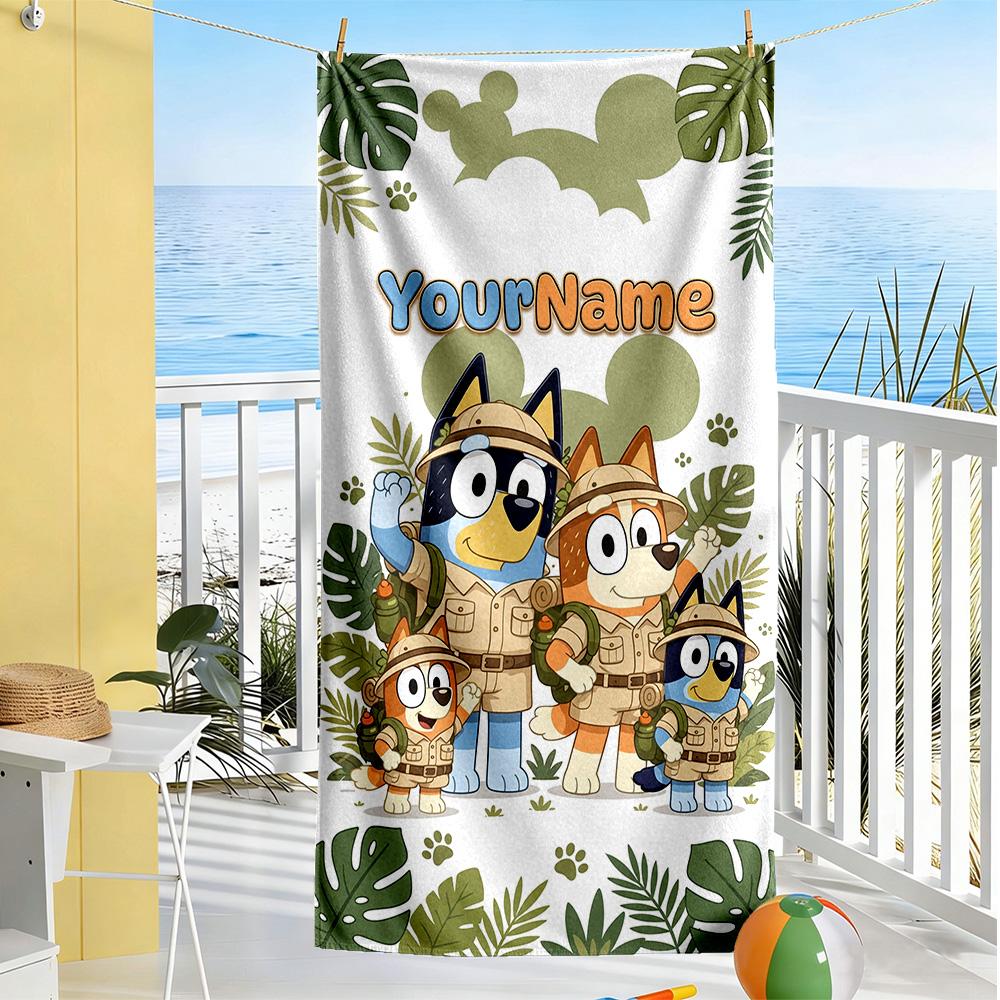 Bluey Customize Your Name Beach Towel Super Soft Microfiber Quickdry Fabric