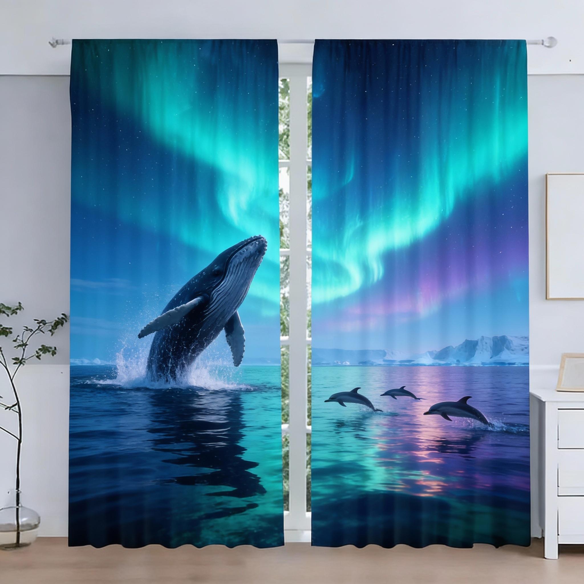2pcs Wolf Print Sheer Curtains - Northern Lights Aurora Borealis & Wolf Design with Snowy Mountains & Pine Trees, Semi-Sheer 60×150