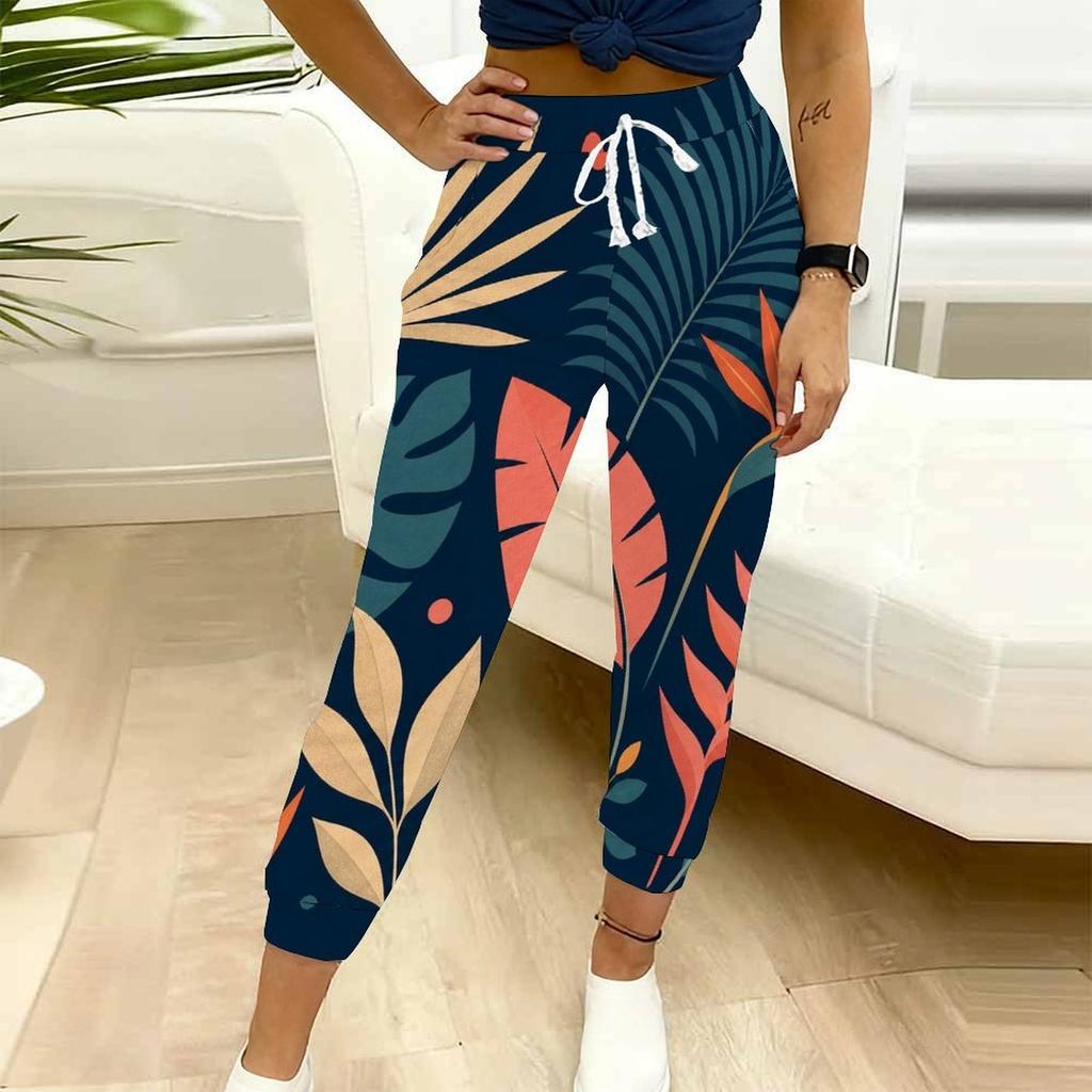 Women Plus Size Tropical Leaf Printed Drawstring Waist Cuffed Ankle Jogger Pants With Side Pockets