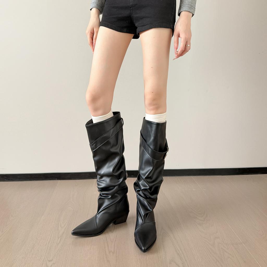 Autumn and winter new French white boots women's belt buckle pleated pile boots pointed thick heel knight boots