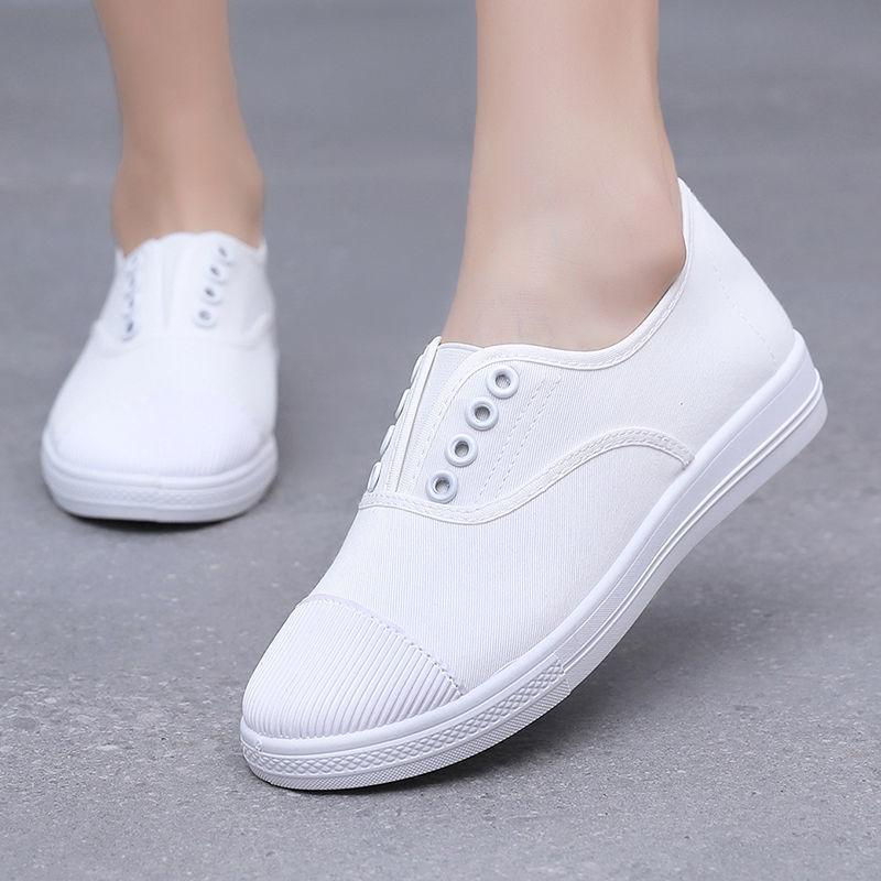 Women Fashion Light Weight Spring Slip On Anti Skid Canvas Flat Shoes Lady Casual Student School White Shoes Ab471