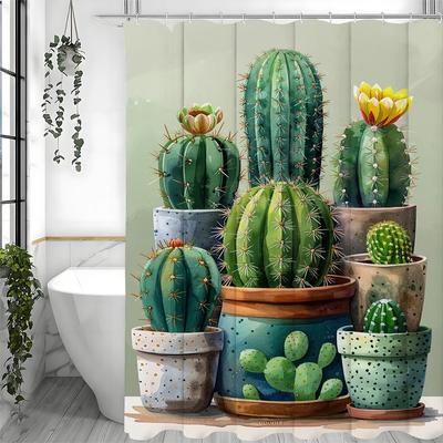 Green Cactus Potted Shower Curtain, Bathroom Decorative Shower Curtain, Waterproof Shower Curtain with Hooks