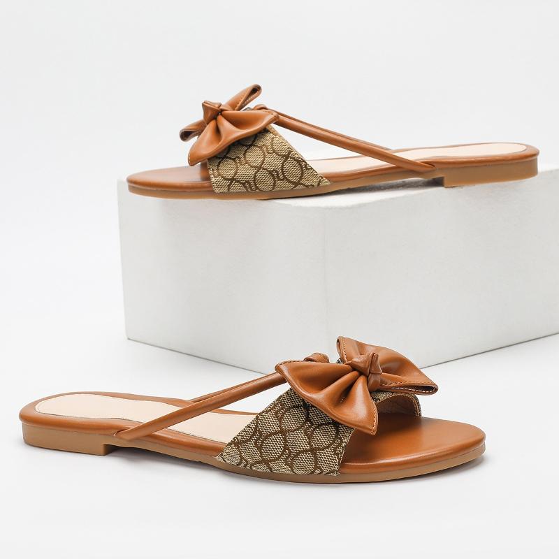 Fashion Elegant Pointed Toe Bow Narrow Band Flat Slippers Women Sexy Open Toe Non-slip Large Size Flat Shoes Comfort Vacation Beach Shoe