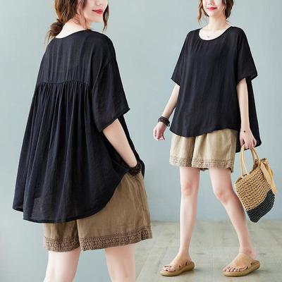 2022 Sommer Übergröße Baumwolle Leinen Lässig Locker Schlankmachend Kurzarm T-Shirt für Damen