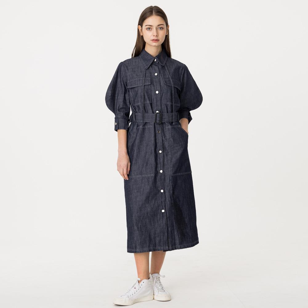 Bunderghost Bishop Sleeve 3/4 Sleeve String Denim Long Dress Indigo Denim