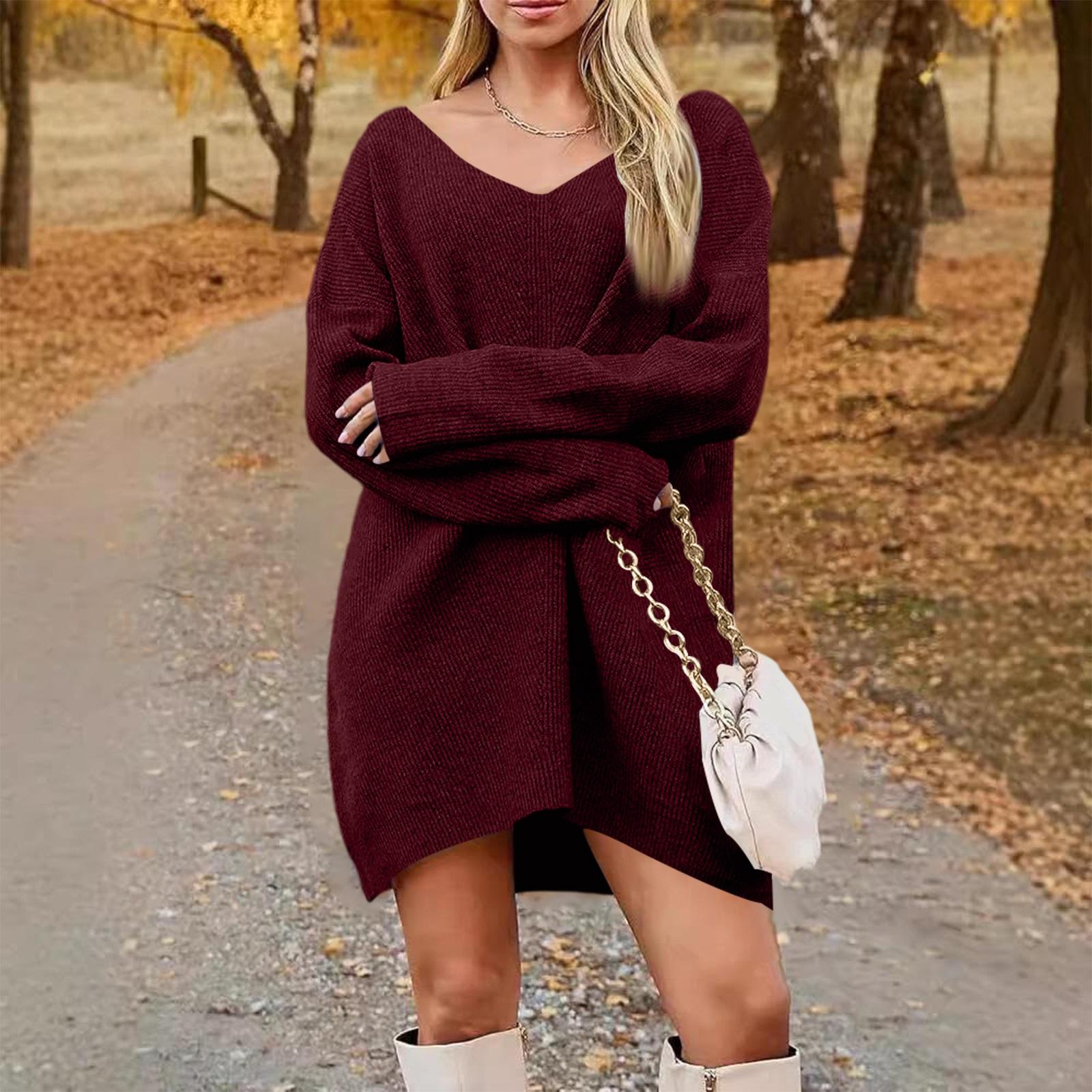 

Женское модное повседневное платье-свитер с V-образным вырезом и длинными рукавами, в рубчик S винный