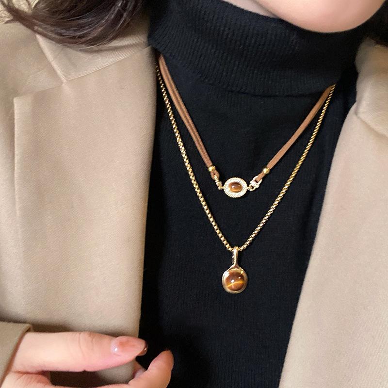 New Double-Layer Brown Stone Pendant Necklace for Women Girls Charm Aesthetic Vintage Tiger Eye Stone Beads Y2K Jewelry Gifts