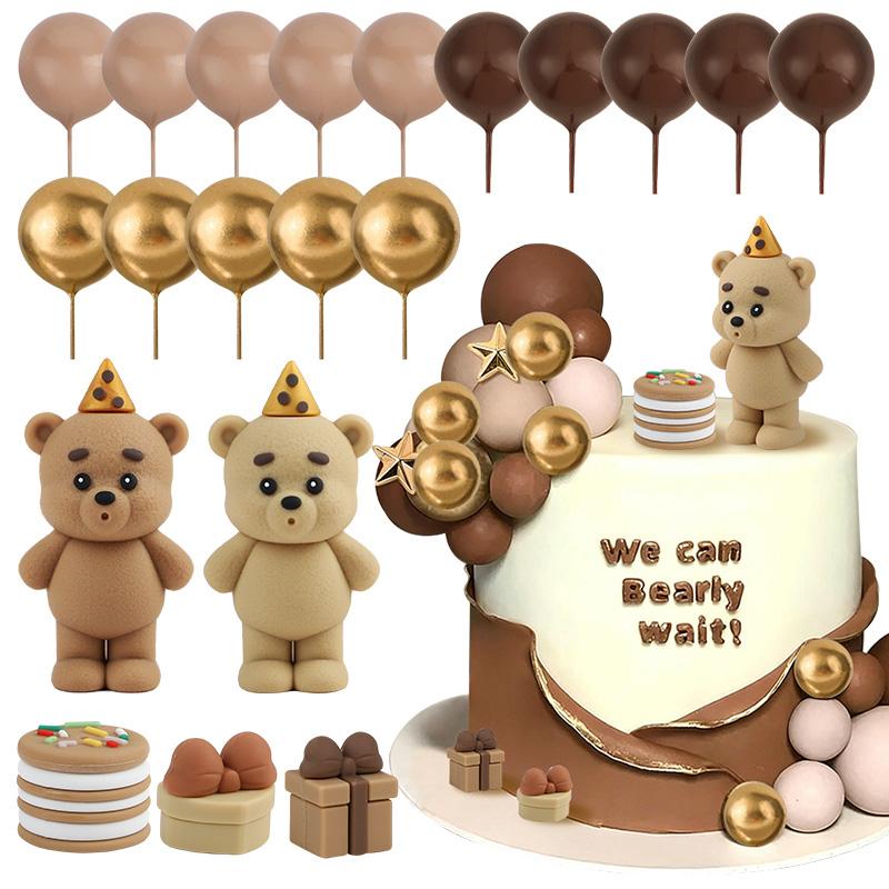 19Pcs/set Bear Balls Cake Toppers Teddy Theme Kids Happy Birthday Party Cake Dessert DIY Decoration Baby Shower Decor Supplies