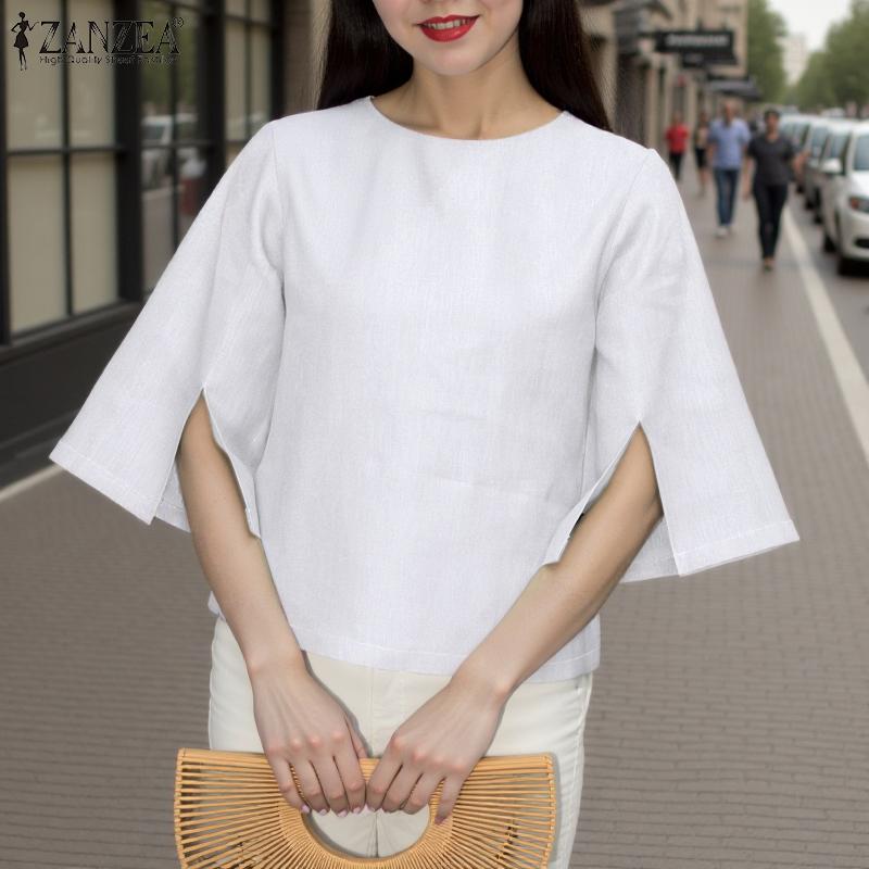 ZANZEA Women Summer Round Neck 3/4 Slit Sleeve Blouses