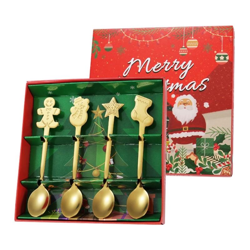 4Pcs Stainless Steel Christmas Coffee Spoons Christmas Trees Santa Tea Spoon Gingerbreads Man Dessert Drink Mixing Spoon