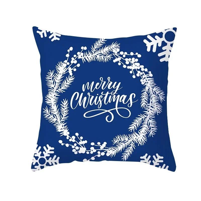 Blue Christmas Cushion Cover Christmas Elk Snowflake Print Pillowcase Sofa Ornaments Bedroom Home Decor New Year Gift