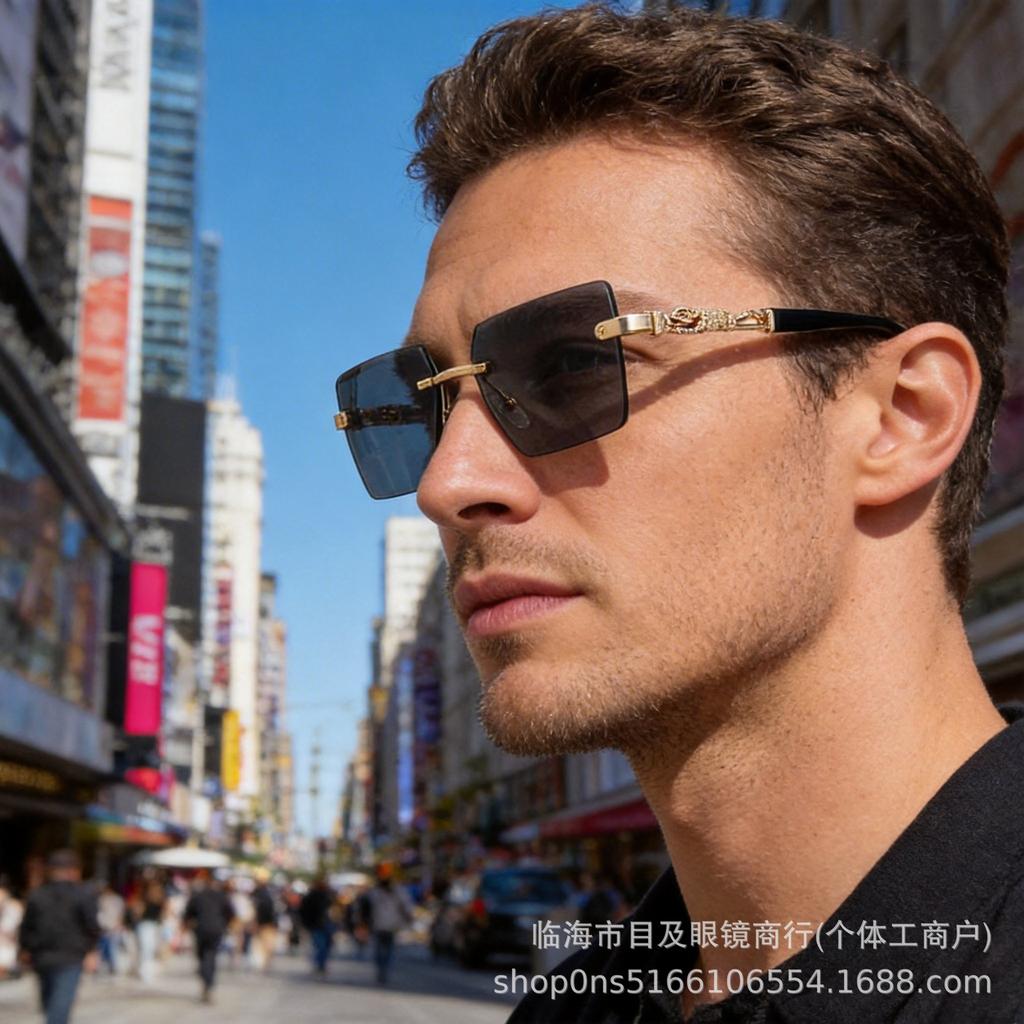New cheetah rimless square glasses sunglasses men's driving fashion European and American sunscreen sunglasses