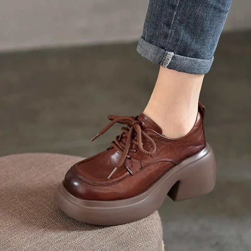 Johnature Lodičky na vysokém podpatku z pravé kůže Ženy Nepromokavé Platforma Šněrování Hrubé podpatky Boty na klínku