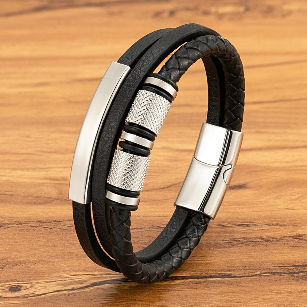 Fashion Black Leather Bracelet Handmade Rope Men Stainless Steel Bead Magnetic Clasp Bangle for Birthday Charm Jewelry 19cm