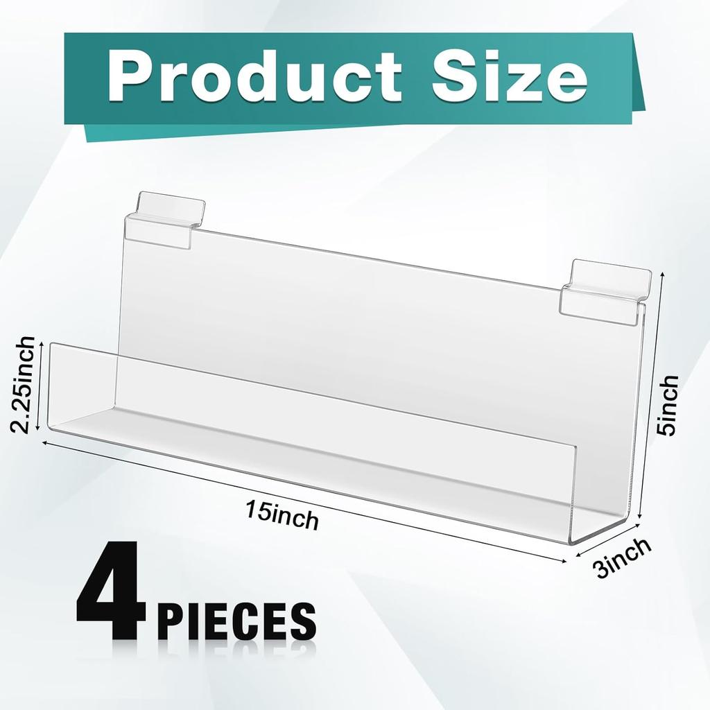 4 Pack Slatwall J Ledge Shelf, Clear Acrylic Slatwall Shelves Hanging Storage Accessories for Retail Display Boutiques Home Stores Boutiques