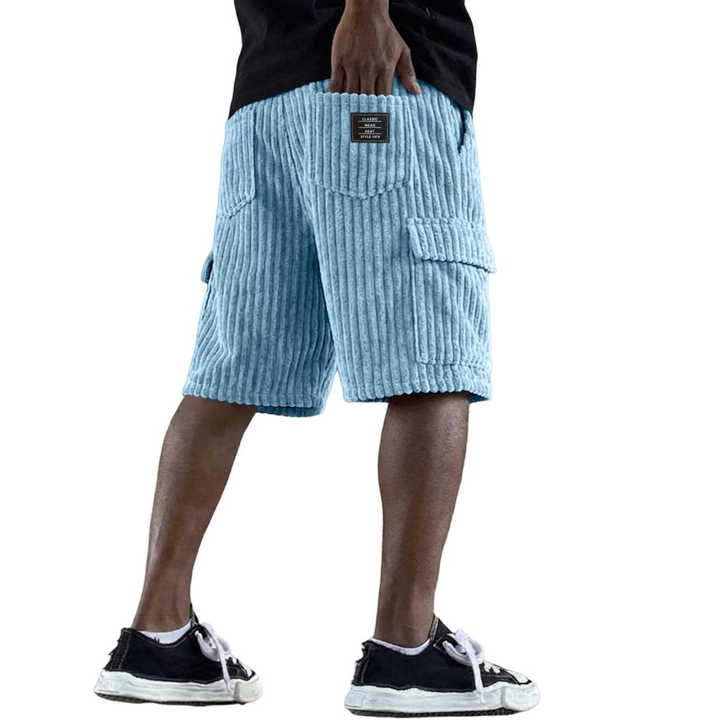 Herren Corduroy Lockere Passform Shorts Vintage Stil Lockere Freizeitshorts mit Lederetikett und großem Streifenmuster Design