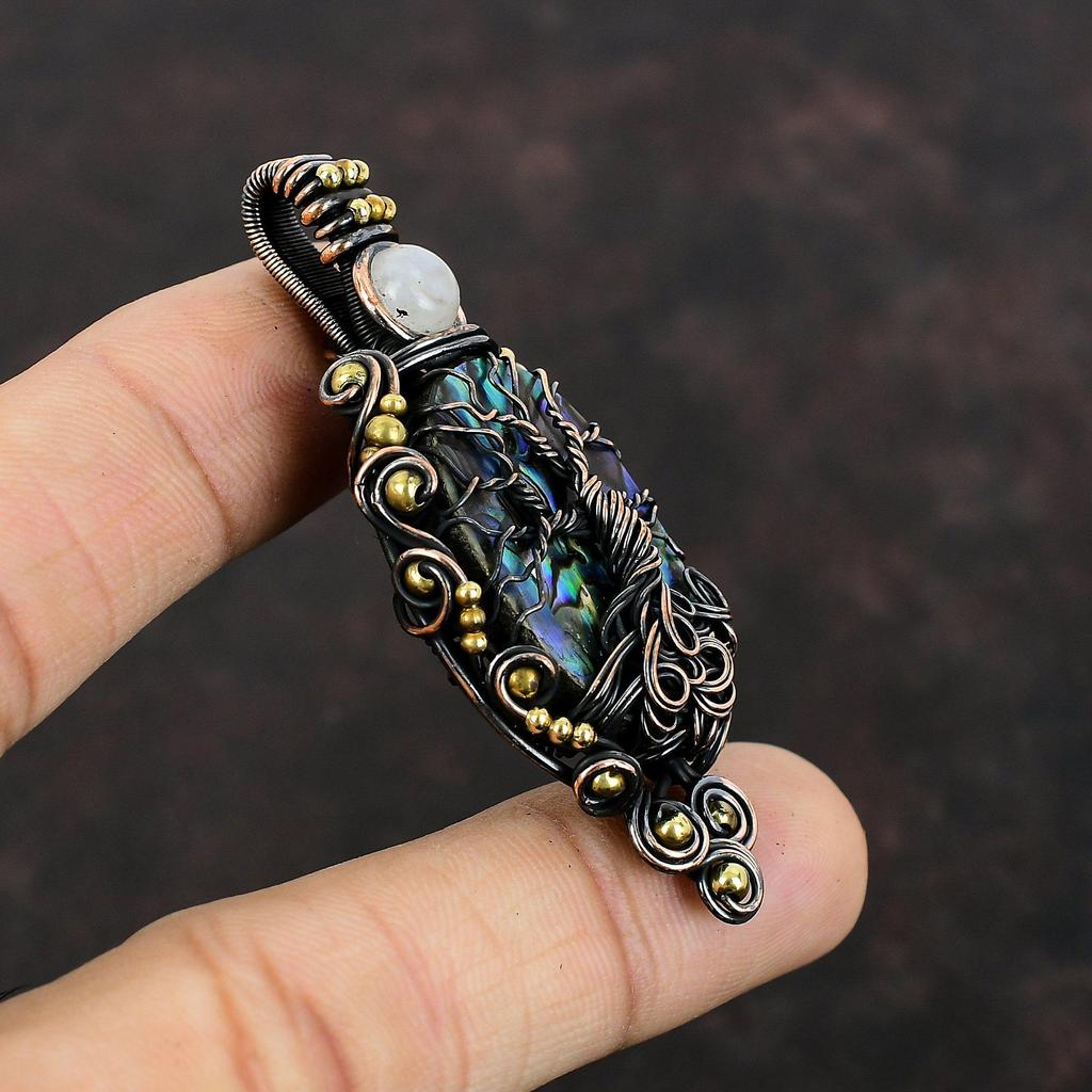 Tree Of Life Abalone Shell Pendant Copper Wire Wrapped Pendant Rainbow Moonstone Pendant Gemstone Handmade Pendant Copper Jewelry For Gift