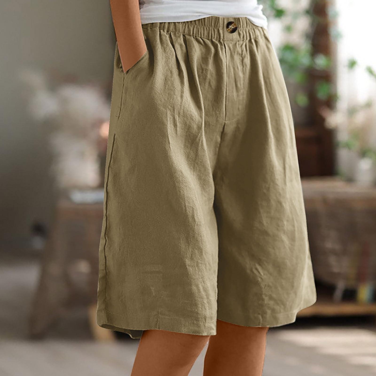 

Female Fashion Solid Color Elastic High Waist Pocket Button Up Loose Cotton Linen Five Length Shorts Summer Soft Comfort Pants XXXL верблюд
