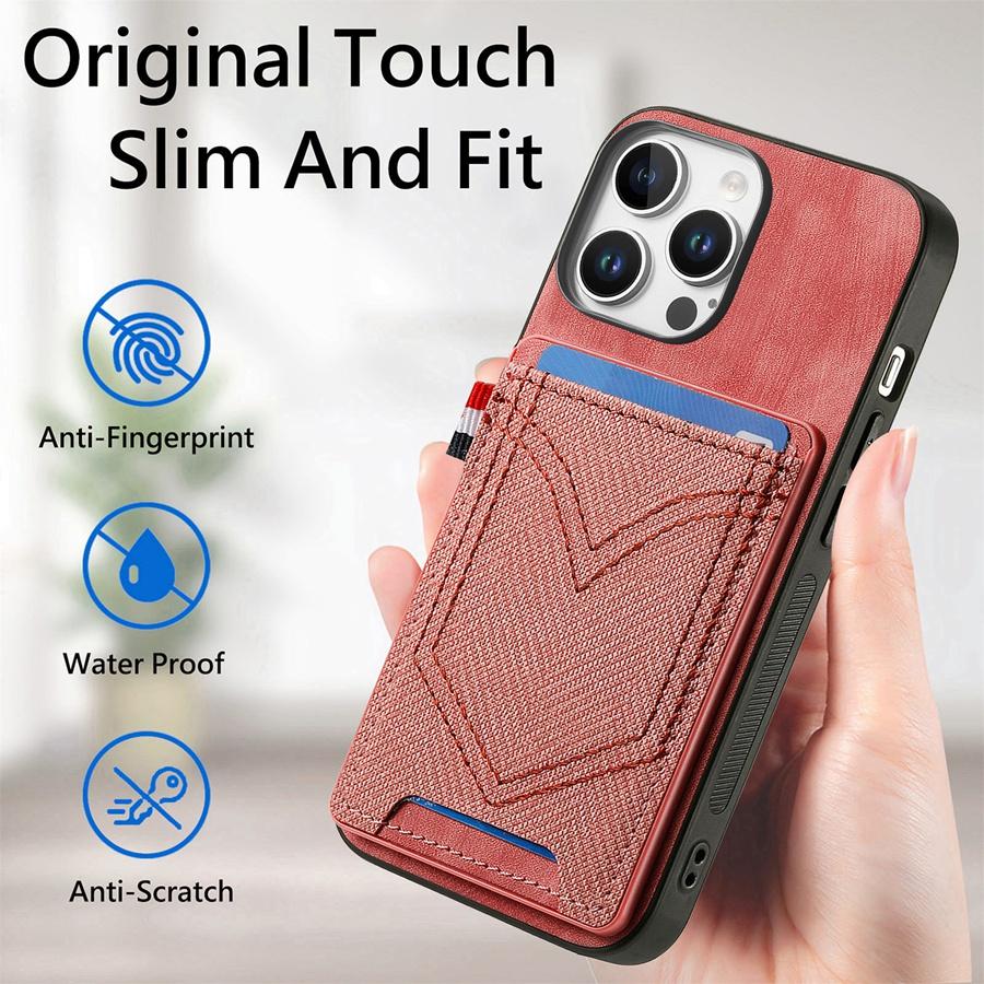 IPhone Samsung Xiaomi Google için Kart Yuvalı Kot Dokulu Telefon Kılıfı Manyetik Araç Tutucu Uyumlu Düşmeye Karşı & Parmak İzine Karşı Arka Kapaklar