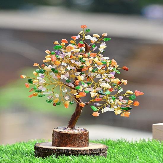 Kristallbaum mit sieben Chakren, Kristallschaustücke für positive Energie, Gegenstände zur Heimdekoration, Geschenkartikel, Bonsai-Geldbaum, goldener Draht