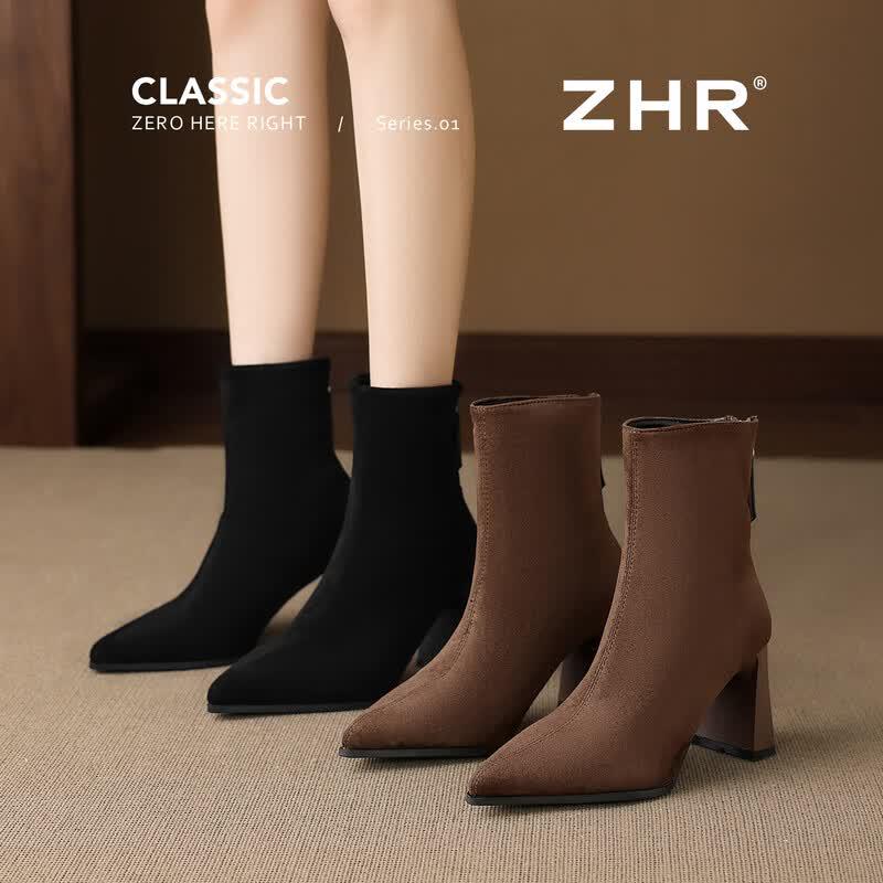 ZHR Women s Winter Pointed Toe Chunky Heel Ankle Boots EU 37
