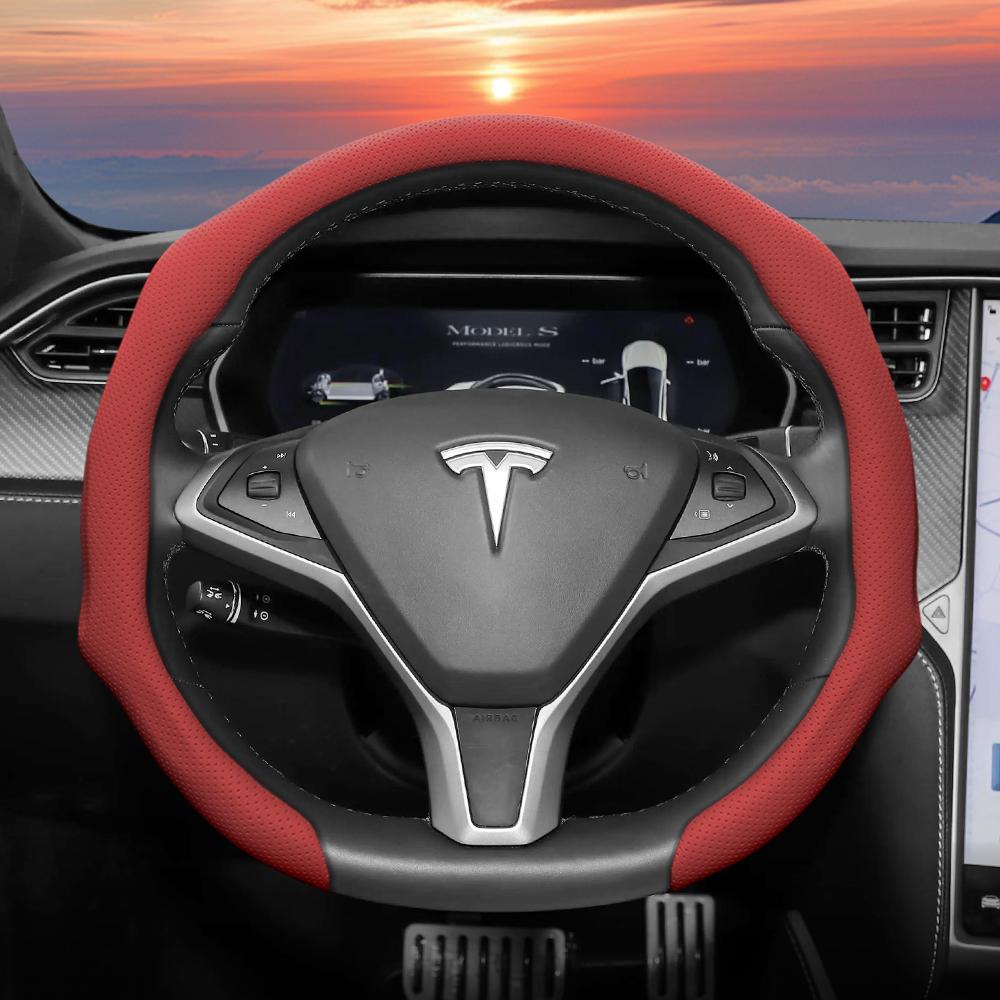 Geeignet für Tesla Perforierte Lederlenkradabdeckung, Rutschfest, Schweißabsorbierend, Atmungsaktiv, Integrierte Snap-On Schutzhülle für Modell 3 Y S