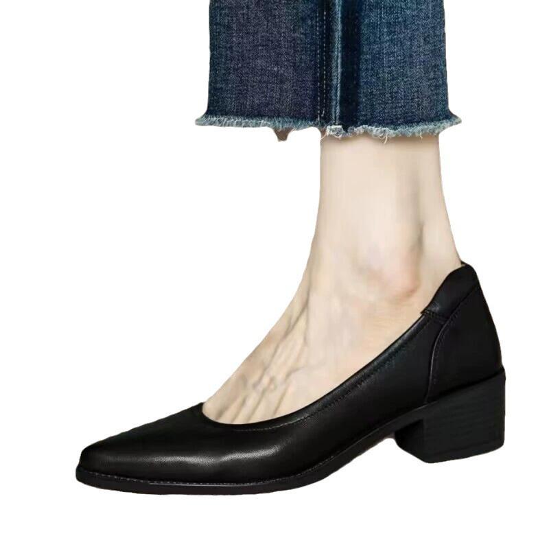 Retro Polished Thick-heeled Single Shoes for Women In the Spring and Autumn of 2025, the New Pointed Head, Shallow Mouth, Simple Commuting, One-pedal