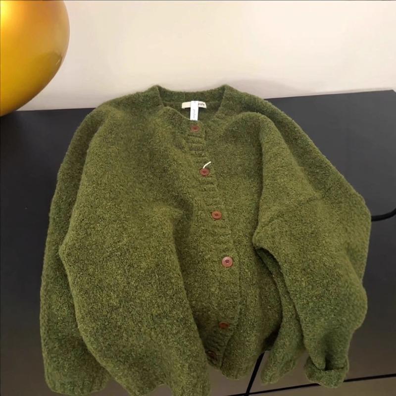Retro avocado green crew neck knitted cardigan women's autumn and winter soft waxy loose thickened sweater jacket premium top
