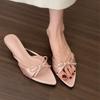 French kitten heel nude bow cool slippers fairy shoes outer wear 2025 summer high heels pointed sandals