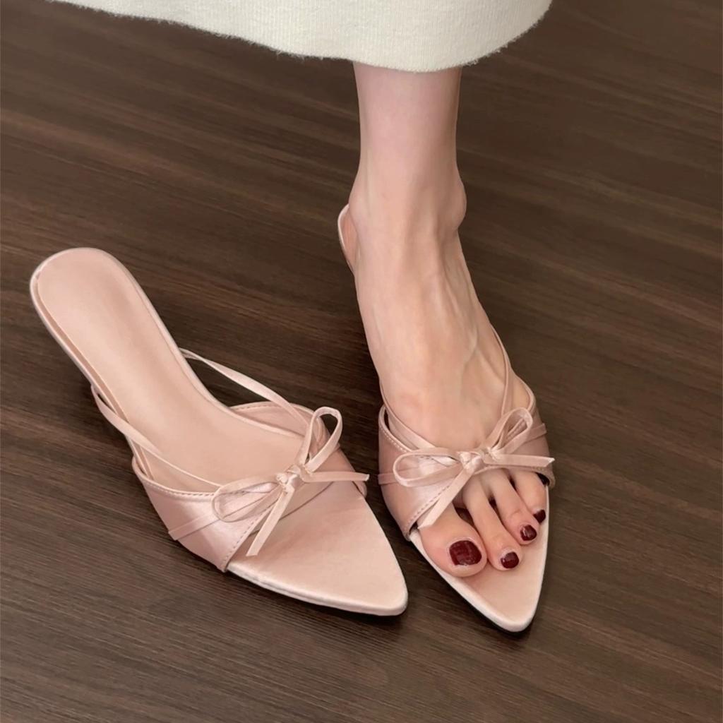 French Kitten Heel Nude Bow Cool Slippers Fairy Shoes Outer Wear 2025 Summer High Heels Pointed Sandals