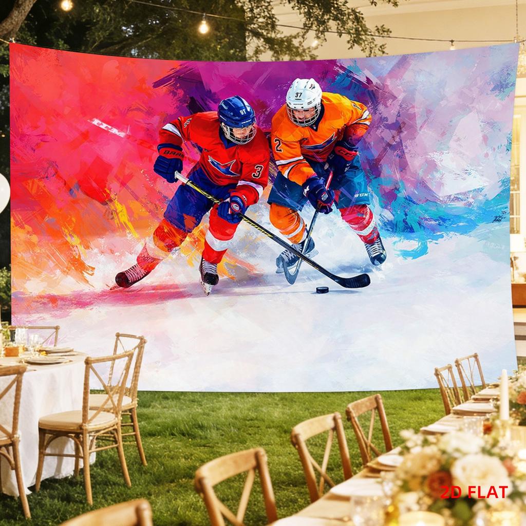 Ice Hockey Sports Tapestry, Abstract Art Style Player Print, Colorful Wall Hanging For Man Cave & Sports Themed Room Decor