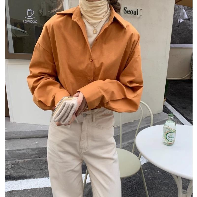 Women Casual Loose Solid Color Turn Down Collar Long Sleeve Shirt S оранжевый