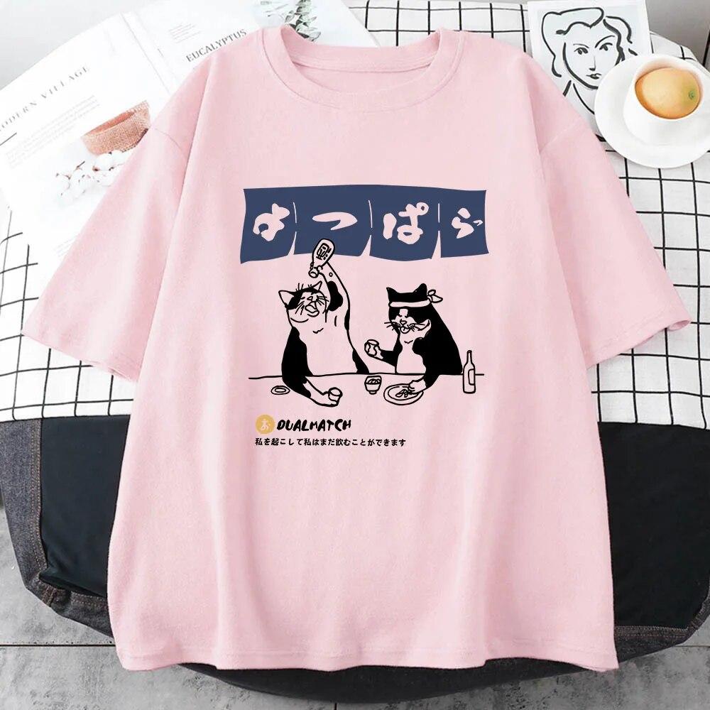 Women Tshirt Streetwear Japanese Harajuku Funny Drinking Cat T-Shirt 100% Cotton Summer Cartoon T Shirt Unisex Hip Hop Tops Tees Unisex T-shirt