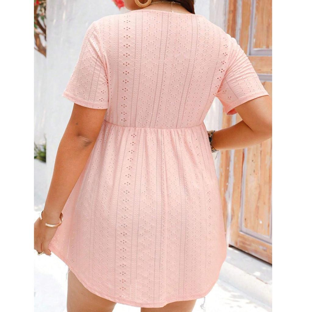 Women's Plus Size Casual Loose Round Neck Short Sleeved Pleated Button Irregular Hem Top