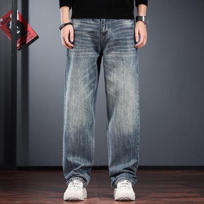 Jie Leinuo Men's Vintage Washed Loose Straight Jeans