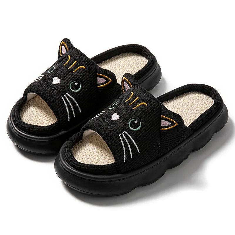 Fashion 2025Cat Couple Women Slippers Fashion Breathable Indoor House Slippers Sweat-absorbing Linen Antiskid Comfort Casual Slippers