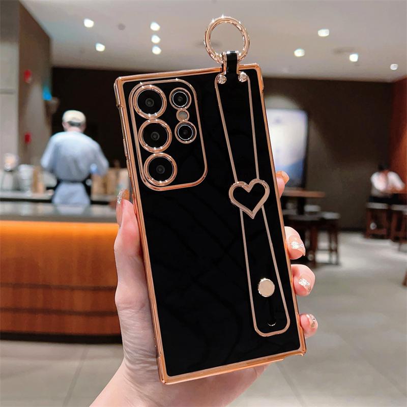 Electroplated TPU Wrist Strap Holder Back Case For Samsung Galaxy S25 S24 S23 S22 S21 Ultra + S20 FE Lens Protection Cover