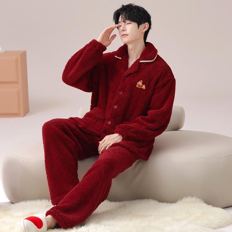 Pajamas Wedding Newlywed Couple Suit Autumn And Winter Coral Fleece Thickened Warm Natal Year Wedding Red Loungewear