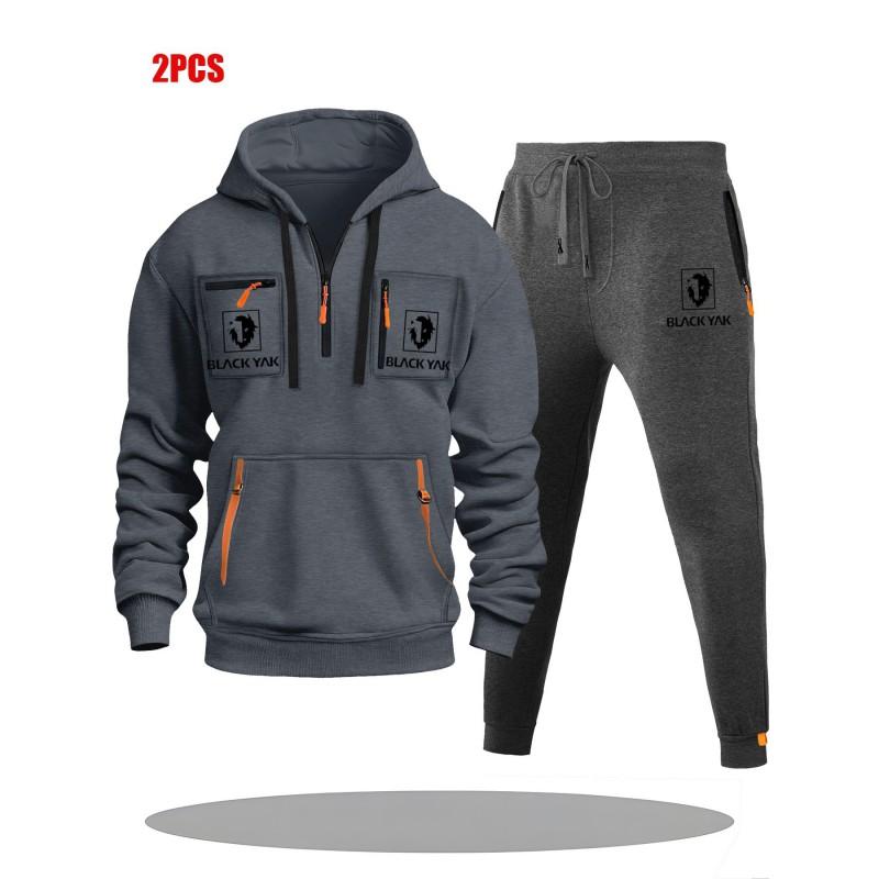 Mens Hoodie Sweatshirt Set Solid Color Multi-Zipper Pockets Casual Wear