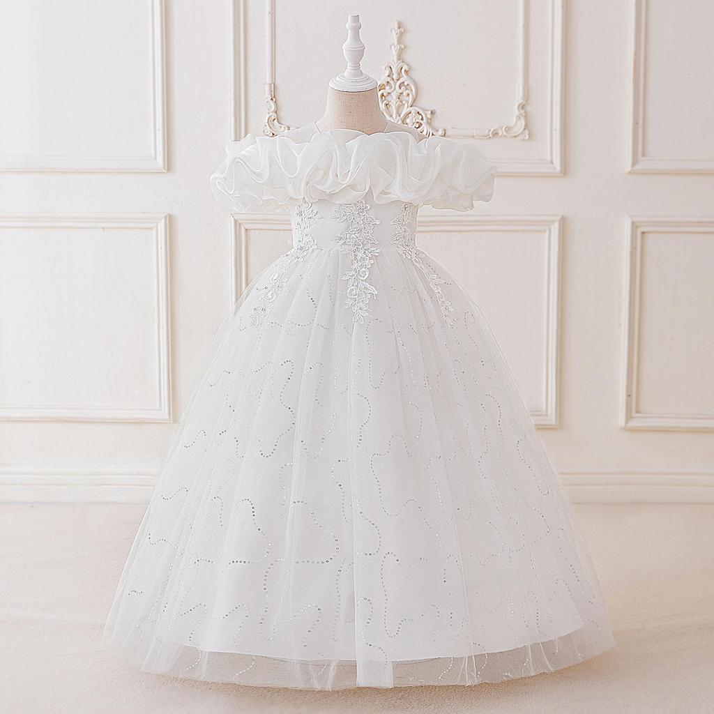 Abito da Principessa Ricamato con Perle per Bambina 4-12 Anni Moda Spalle Scoperte Manica a Sbuffo Abito in Rete Compleanno Matrimonio Damigella