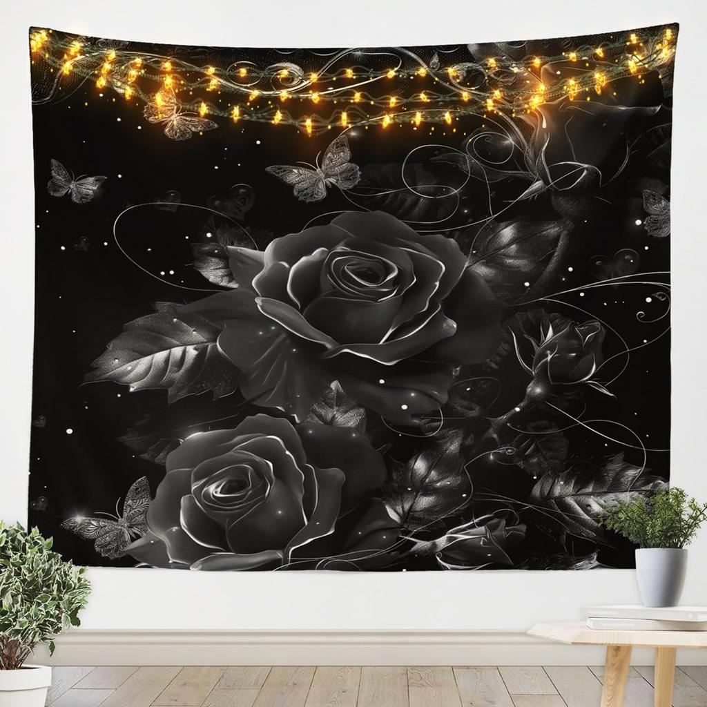 Rose Tapestries Rose Flowers Tapestry Romantic Valentine'S Day Tapestry Wall Hanging 3D Black Rose Butterfly Vine Wall Art Decor